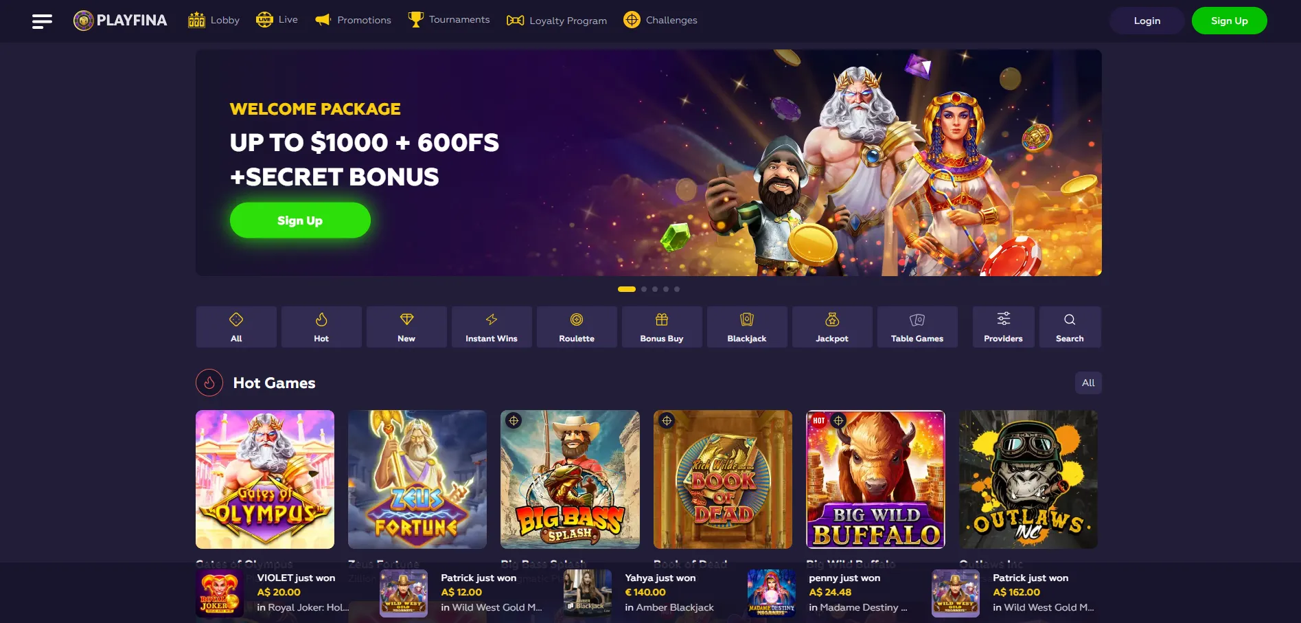 playfina casino screen